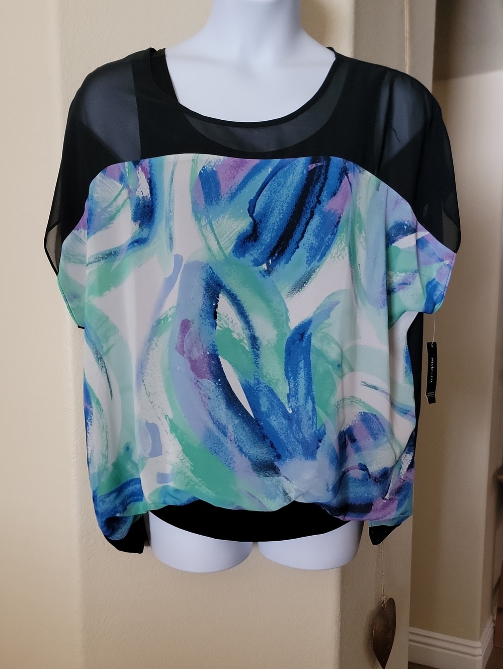STYLE & CO Watercolor Inspired Drop Shoulder Top Blue Green Black Size L NWT